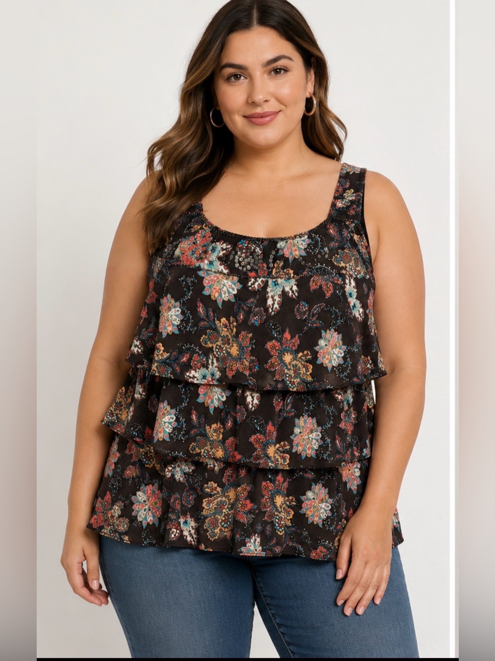 Lane Bryant 18W Tiered Ruffle Tank Top Floral Sleeveless Boho Plus Size.